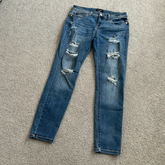 Judy Blue Denim - Judy Blue Skinny Fit Whiskered Distressed Stretchy 9.25" Rise Jeans Sz 11/30